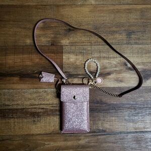 Kate Spade Rose Gold Glitter Crossbody Phone Pouch with Pearl Bow Charm